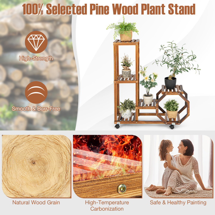 6-Tier Wooden Plant Stand with Wheels-BrownCostway Gallery View 8 of 11