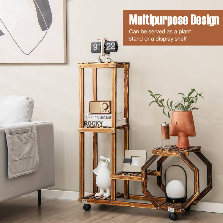 6-Tier Wooden Plant Stand with Wheels-BrownCostway Gallery View 6 of 11