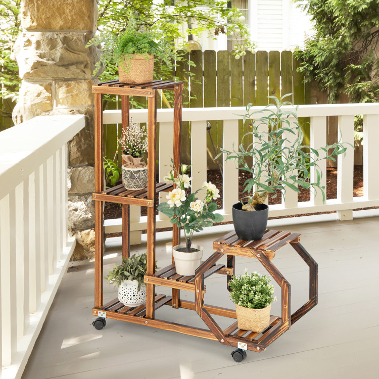 6-Tier Wooden Plant Stand with Wheels-BrownCostway Gallery View 2 of 11