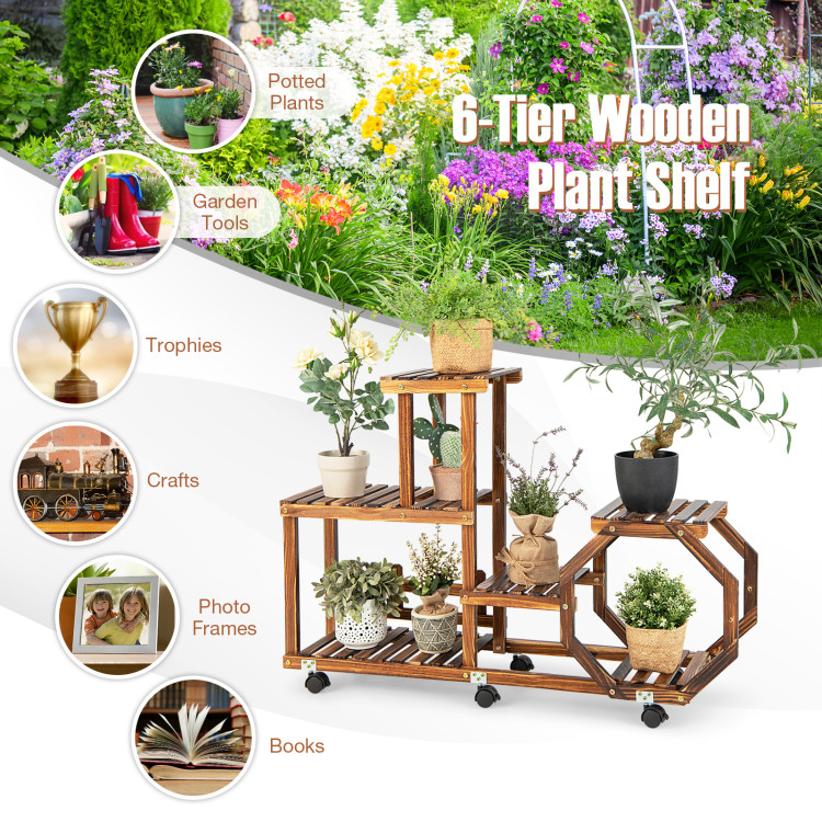 6-Layer Wooden Plant Stand for 8 Pots-BrownCostway Gallery View 7 of 11