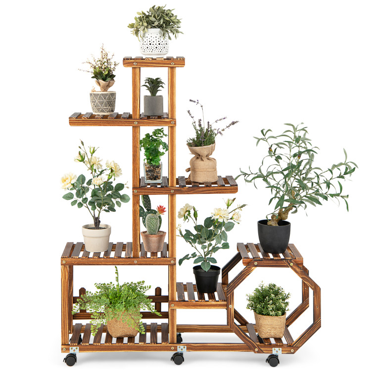 8-Tier Plant Stand with Lockable and Detachable Wheels for 12 Pots-BrownCostway Gallery View 8 of 11