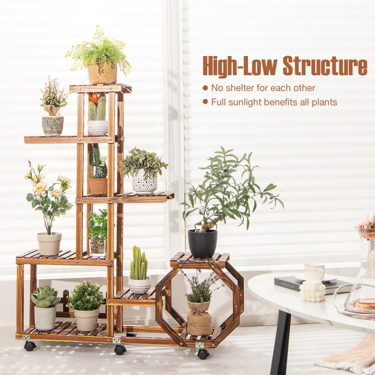 8-Tier Plant Stand with Lockable and Detachable Wheels for 12 Pots-BrownCostway Gallery View 3 of 11