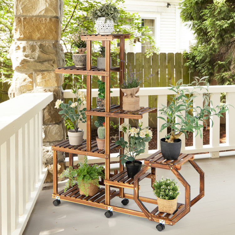 8-Tier Plant Stand with Lockable and Detachable Wheels for 12 Pots-BrownCostway Gallery View 2 of 11