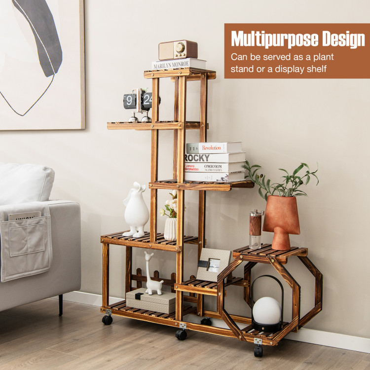 8-Tier Plant Stand with Lockable and Detachable Wheels for 12 Pots-BrownCostway Gallery View 7 of 11
