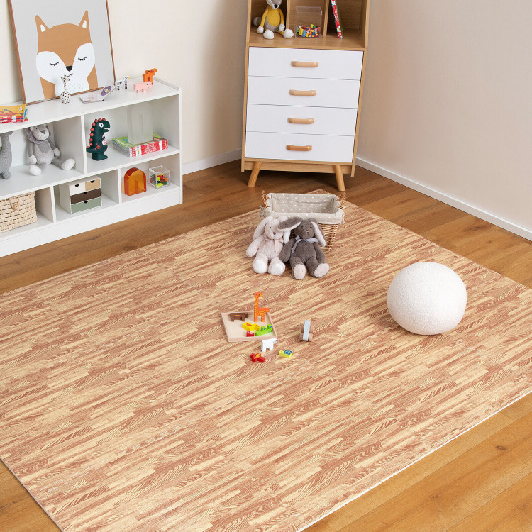 12 Tiles Wood Grain Foam Floor Mats with Borders - Costway