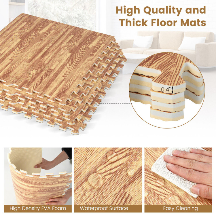 12 Tiles Wood Grain Foam Floor Mats with Borders | Costway