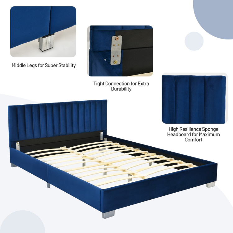 Full Tufted Upholstered Platform Bed Frame with Flannel Headboard-NavyCostway Gallery View 5 of 11
