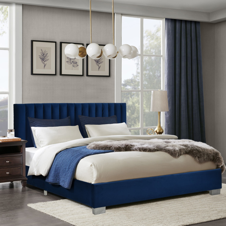 Full Tufted Upholstered Platform Bed Frame with Flannel Headboard-NavyCostway Gallery View 1 of 11