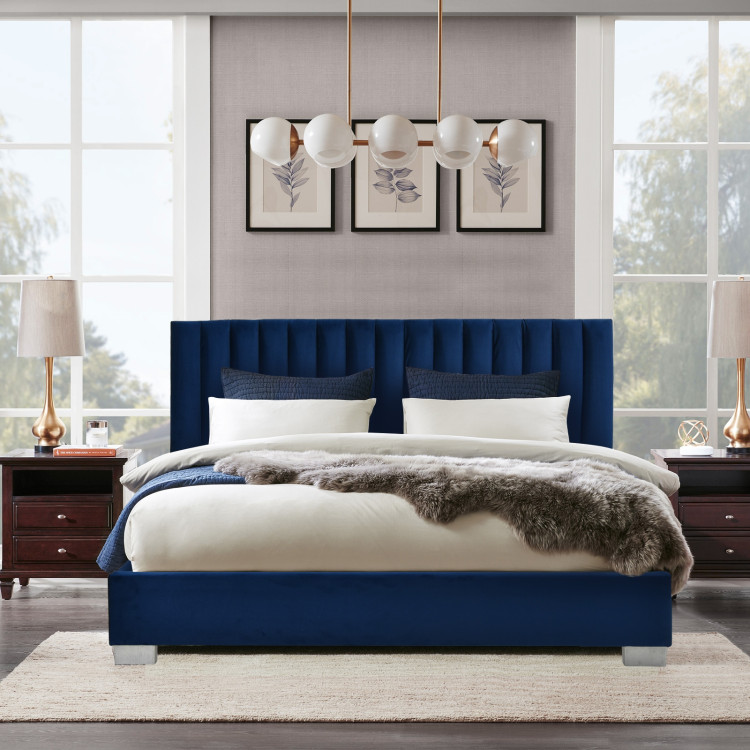 Full Tufted Upholstered Platform Bed Frame with Flannel Headboard-NavyCostway Gallery View 6 of 11