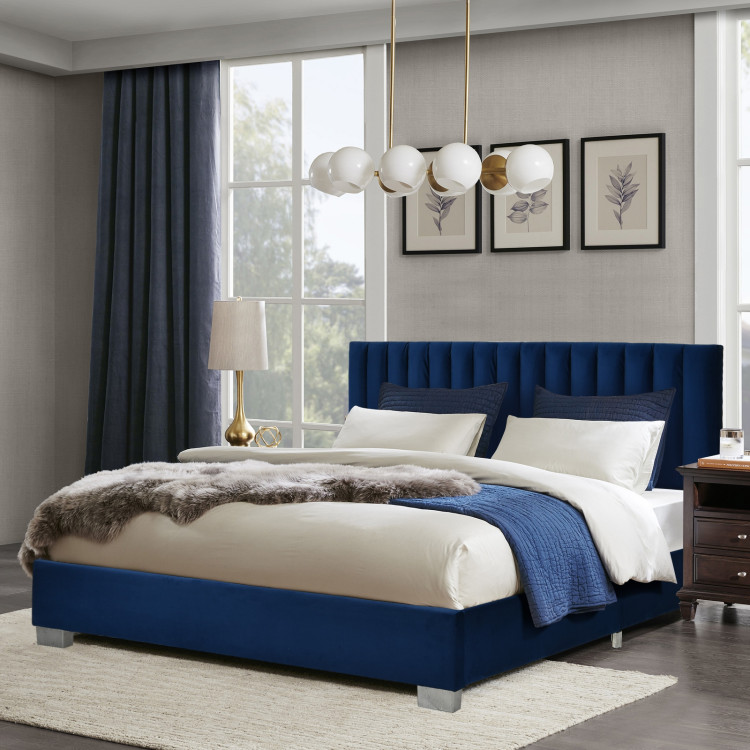 Full Tufted Upholstered Platform Bed Frame with Flannel Headboard-NavyCostway Gallery View 8 of 11