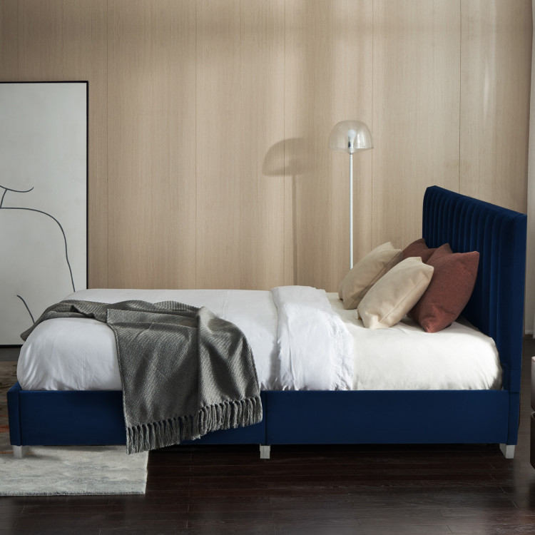 Full Tufted Upholstered Platform Bed Frame with Flannel Headboard-NavyCostway Gallery View 7 of 11