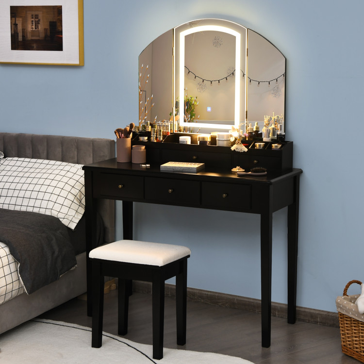 Vanity Table Stool Set with Large Tri-folding Lighted Mirror-BlackCostway Gallery View 7 of 11