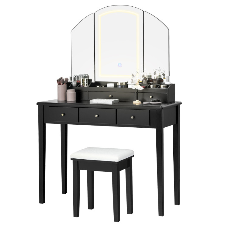Vanity Table Stool Set with Large Tri-folding Lighted Mirror-BlackCostway Gallery View 8 of 11