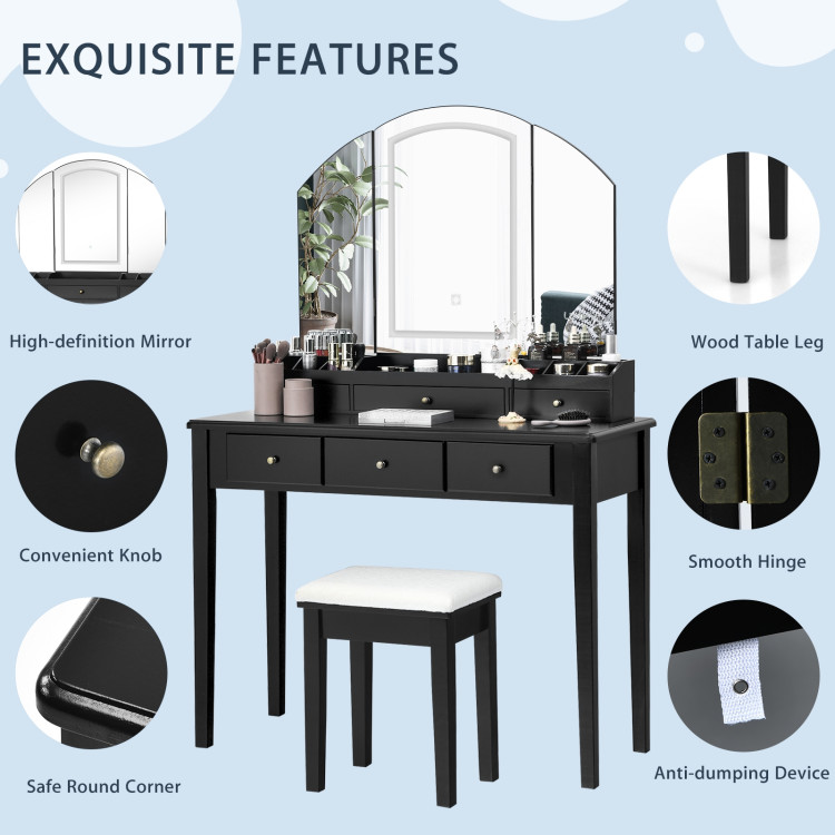 Vanity Table Stool Set with Large Tri-folding Lighted Mirror-BlackCostway Gallery View 9 of 11
