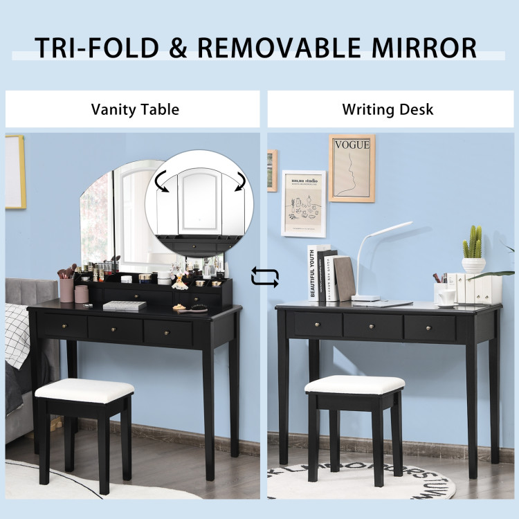 Vanity Table Stool Set with Large Tri-folding Lighted Mirror-BlackCostway Gallery View 3 of 11