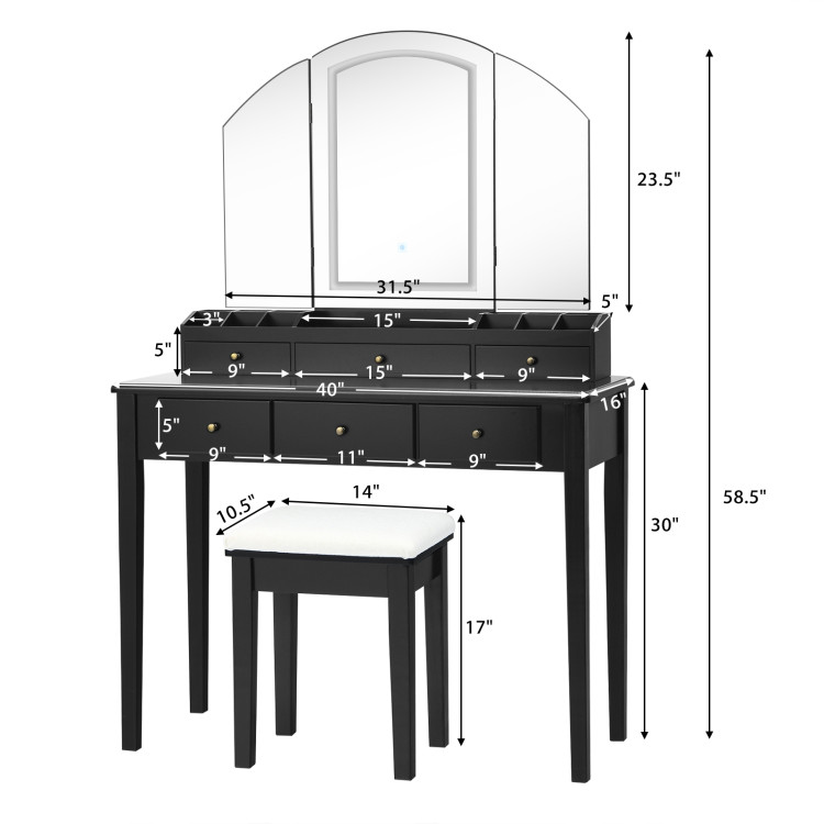 Vanity Table Stool Set with Large Tri-folding Lighted Mirror-BlackCostway Gallery View 5 of 11