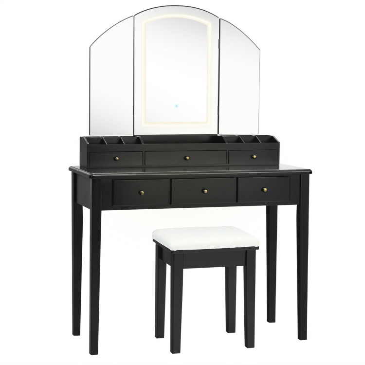 Vanity Table Stool Set with Large Tri-folding Lighted Mirror-BlackCostway Gallery View 1 of 11