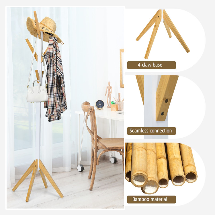 Bamboo Coat Rack Stand with 6 Hooks-WhiteCostway Gallery View 9 of 10