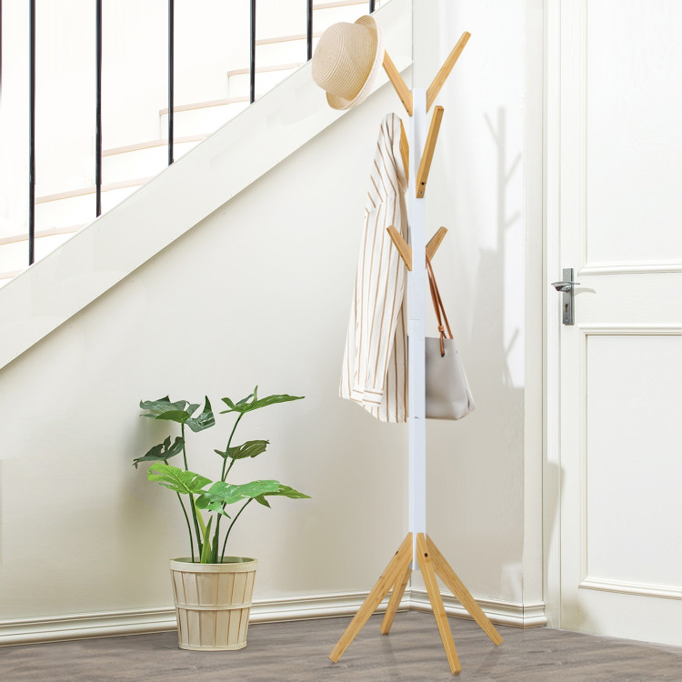 Bamboo Coat Rack Stand with 6 Hooks-WhiteCostway Gallery View 2 of 10