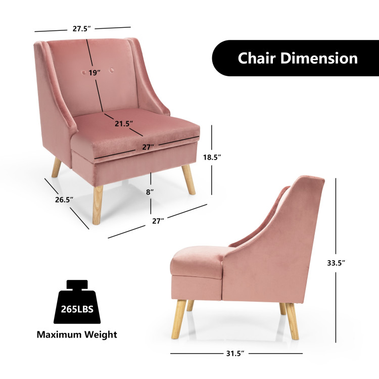 Velvet Wing Back Accent Chair with Rubber Wood Legs and Padded Seat for Living Room-PinkCostway Gallery View 5 of 10