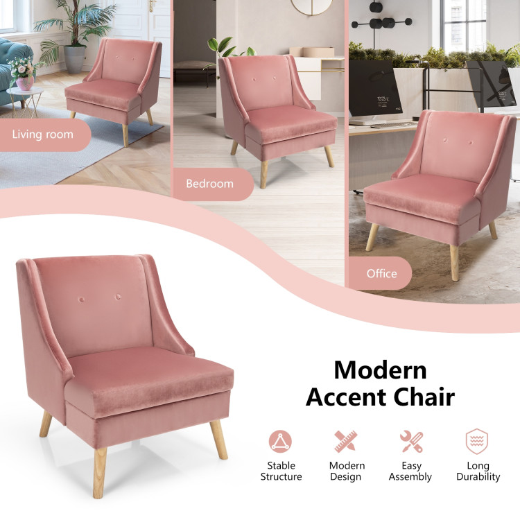 Velvet Wing Back Accent Chair with Rubber Wood Legs and Padded Seat for Living Room-PinkCostway Gallery View 6 of 10