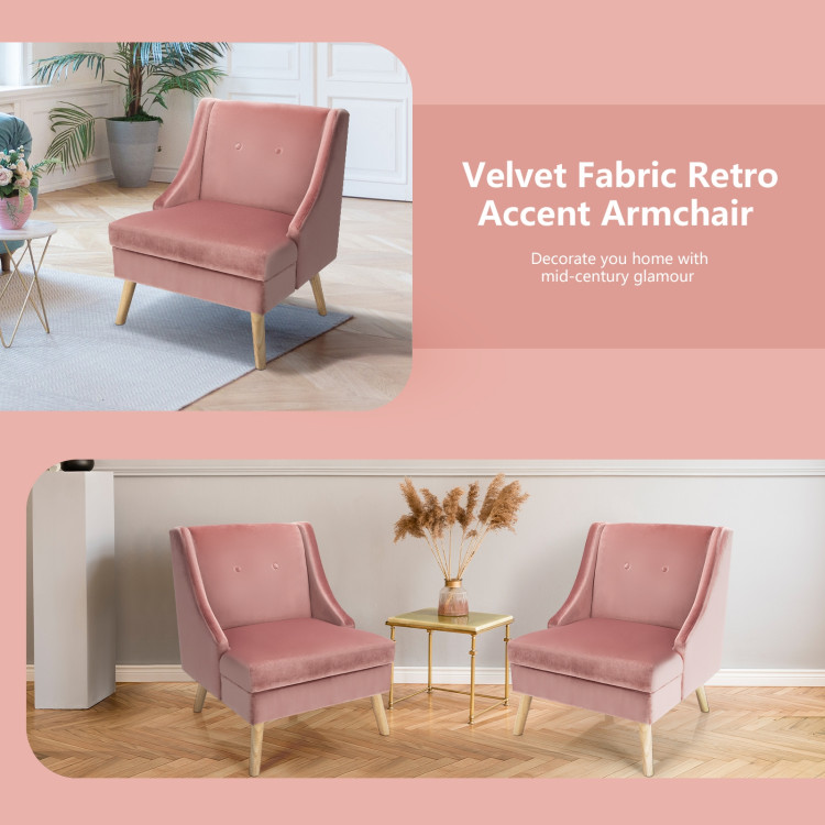 Velvet Wing Back Accent Chair with Rubber Wood Legs and Padded Seat for Living Room-PinkCostway Gallery View 9 of 10