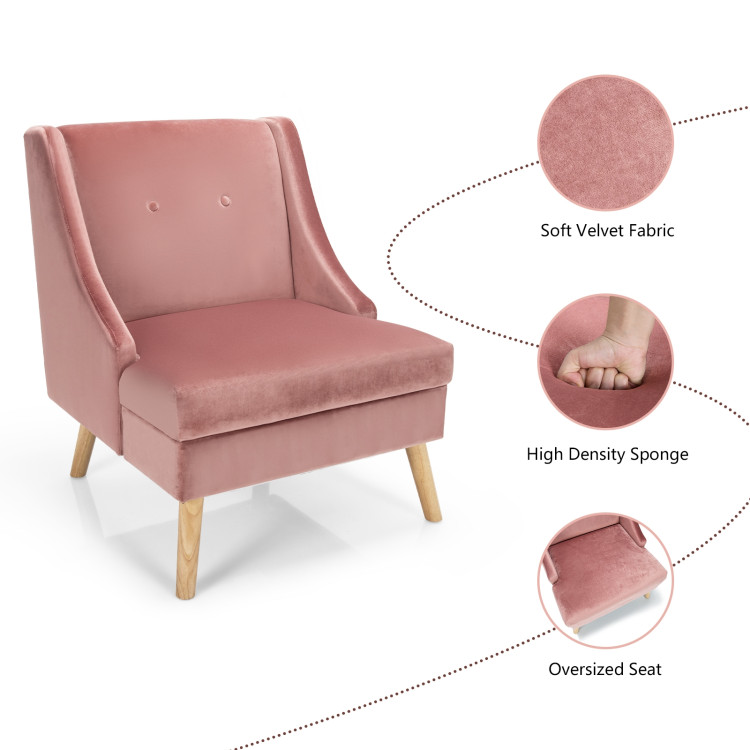 Velvet Wing Back Accent Chair with Rubber Wood Legs and Padded Seat for Living Room-PinkCostway Gallery View 10 of 10