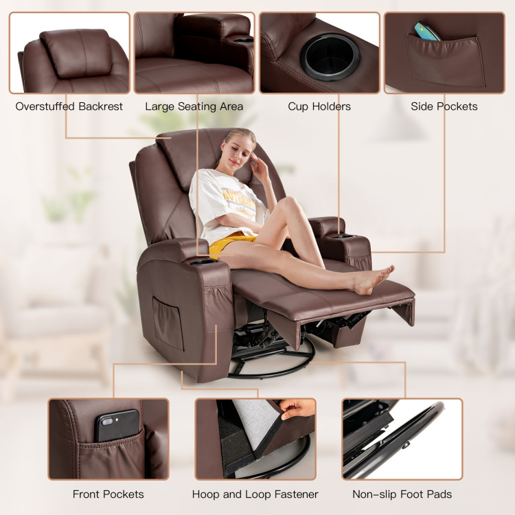 360-Degree Swivel Massage Recliner Chair with Remote Control for Home-BrownCostway Gallery View 3 of 10