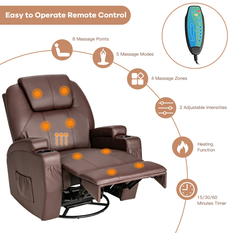 360-Degree Swivel Massage Recliner Chair with Remote Control for Home-BrownCostway Gallery View 5 of 10