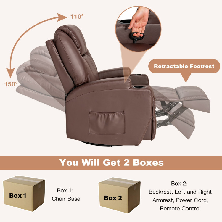 360-Degree Swivel Massage Recliner Chair with Remote Control for Home-BrownCostway Gallery View 10 of 10