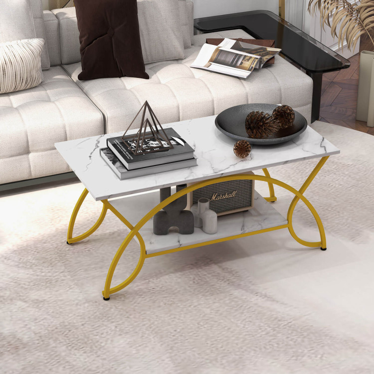2-Tier Coffee Table Gold Rectangle for Living Room-WhiteCostway Gallery View 6 of 12