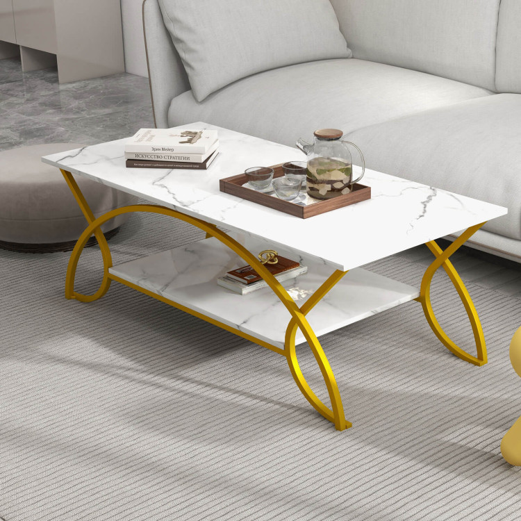 2-Tier Coffee Table Gold Rectangle for Living Room-WhiteCostway Gallery View 8 of 12