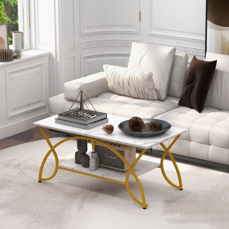 2-Tier Coffee Table Gold Rectangle for Living Room-WhiteCostway Gallery View 2 of 12