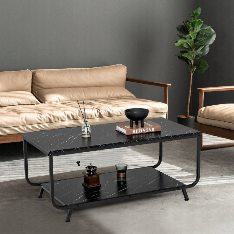 2-Tier Modern Marble Coffee Table with Storage Shelf for Living Room-BlackCostway Gallery View 8 of 11
