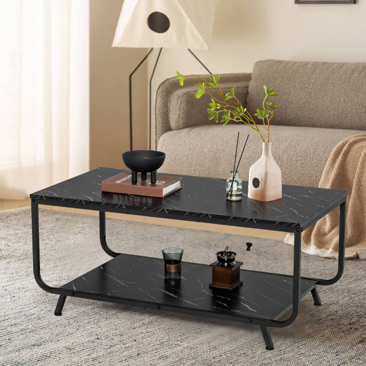 2-Tier Modern Marble Coffee Table with Storage Shelf for Living Room-BlackCostway Gallery View 6 of 11