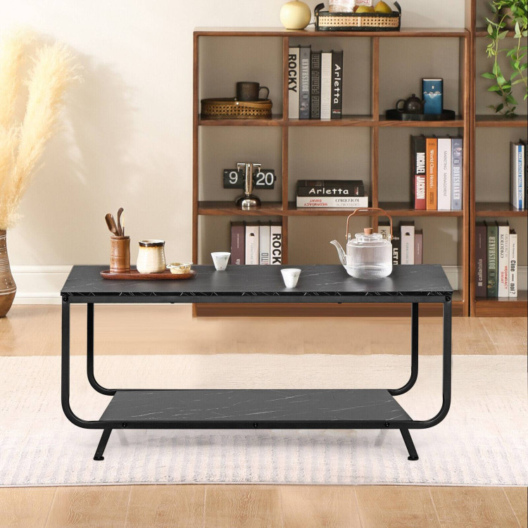 2-Tier Modern Marble Coffee Table with Storage Shelf for Living Room-BlackCostway Gallery View 7 of 11