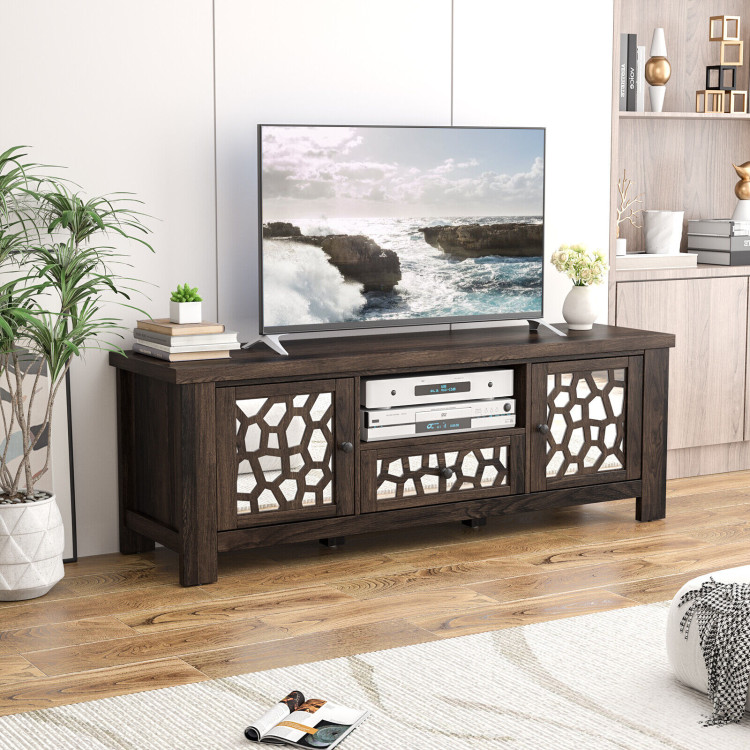 55 Inch Retro TV Stand Media Entertainment Center with Mirror Doors and Drawer-Dark BrownCostway Gallery View 2 of 10