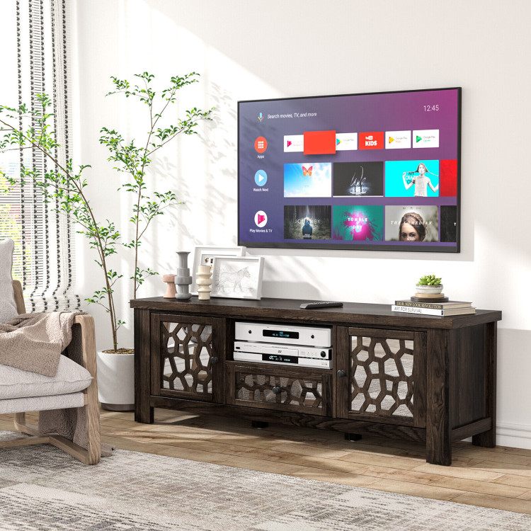 55 Inch Retro TV Stand Media Entertainment Center with Mirror Doors and Drawer-Dark BrownCostway Gallery View 8 of 10