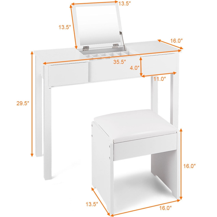 Vanity Makeup Dressing Table Set with Flip Top Mirror and Cushioned Stool-WhiteCostway Gallery View 4 of 10