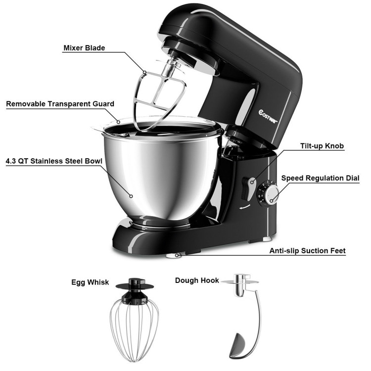 4.3 Qt 550 W Tilt-Head Stainless Steel Bowl Electric Food Stand Mixer-BlackCostway Gallery View 9 of 9