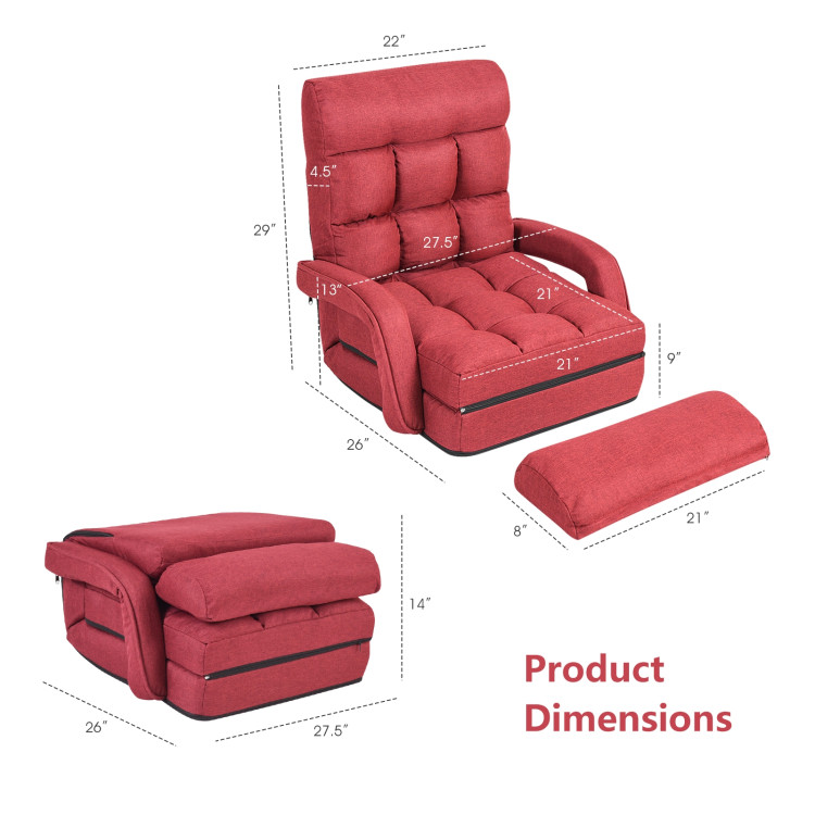 Folding Lazy Floor Chair Sofa with Armrests and Pillow-RedCostway Gallery View 5 of 11