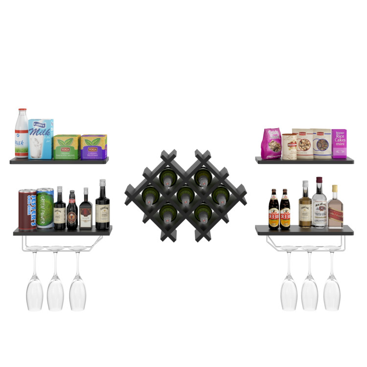 Set of 5 Wall Mount Wine Rack Set with Storage Shelves-BlackCostway Gallery View 8 of 11