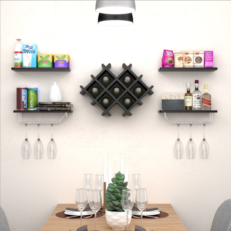 Set of 5 Wall Mount Wine Rack Set with Storage Shelves-BlackCostway Gallery View 1 of 11