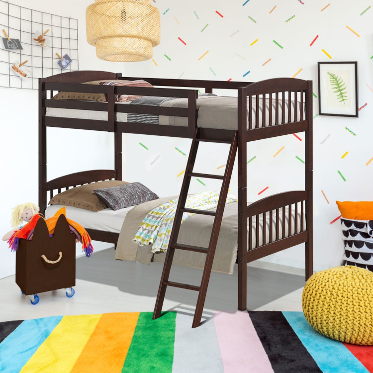 Solid Wood Twin Bunk Beds with Detachable Kids LadderCostway Gallery View 2 of 12