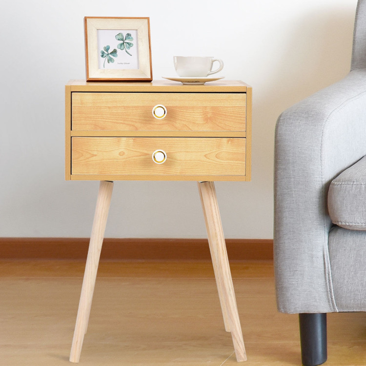 Mid Century Modern 2 Drawers Nightstand in NaturalCostway Gallery View 2 of 10