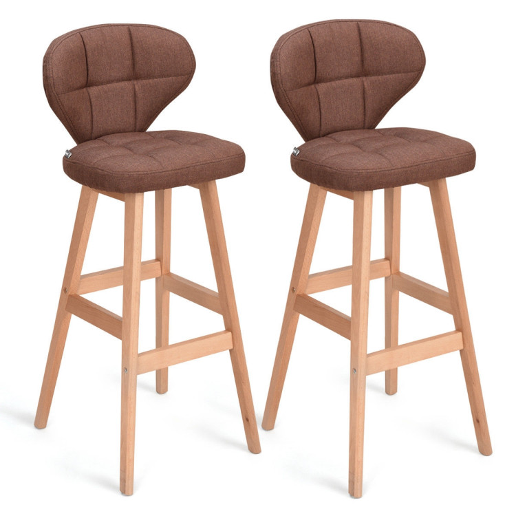 Set of 2 Brown Bar Stools Pub Chair FabricCostway Gallery View 3 of 12