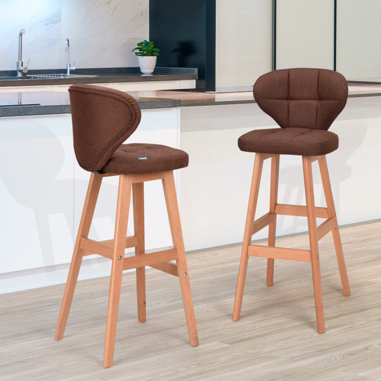 Set of 2 Brown Bar Stools Pub Chair FabricCostway Gallery View 1 of 12