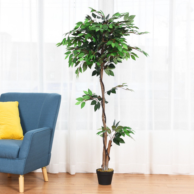 5.5 Feet Artificial Ficus Silk Tree with Wood TrunksCostway Gallery View 2 of 12