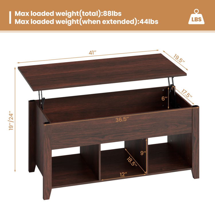 Lift Top Coffee Table with Storage Lower Shelf-BrownCostway Gallery View 5 of 10