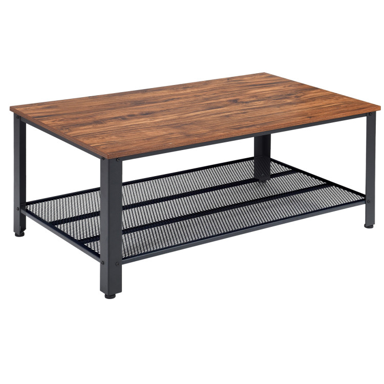 Metal Frame Wood Coffee Table Console Table with Storage Shelf-BrownCostway Gallery View 1 of 13